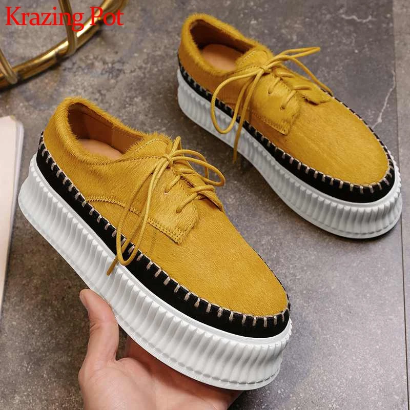

Krazing pot 2019 horsehair lace up casual round toe sneaker flat platform comfortable real fur beauty lady vulcanized shoes L18