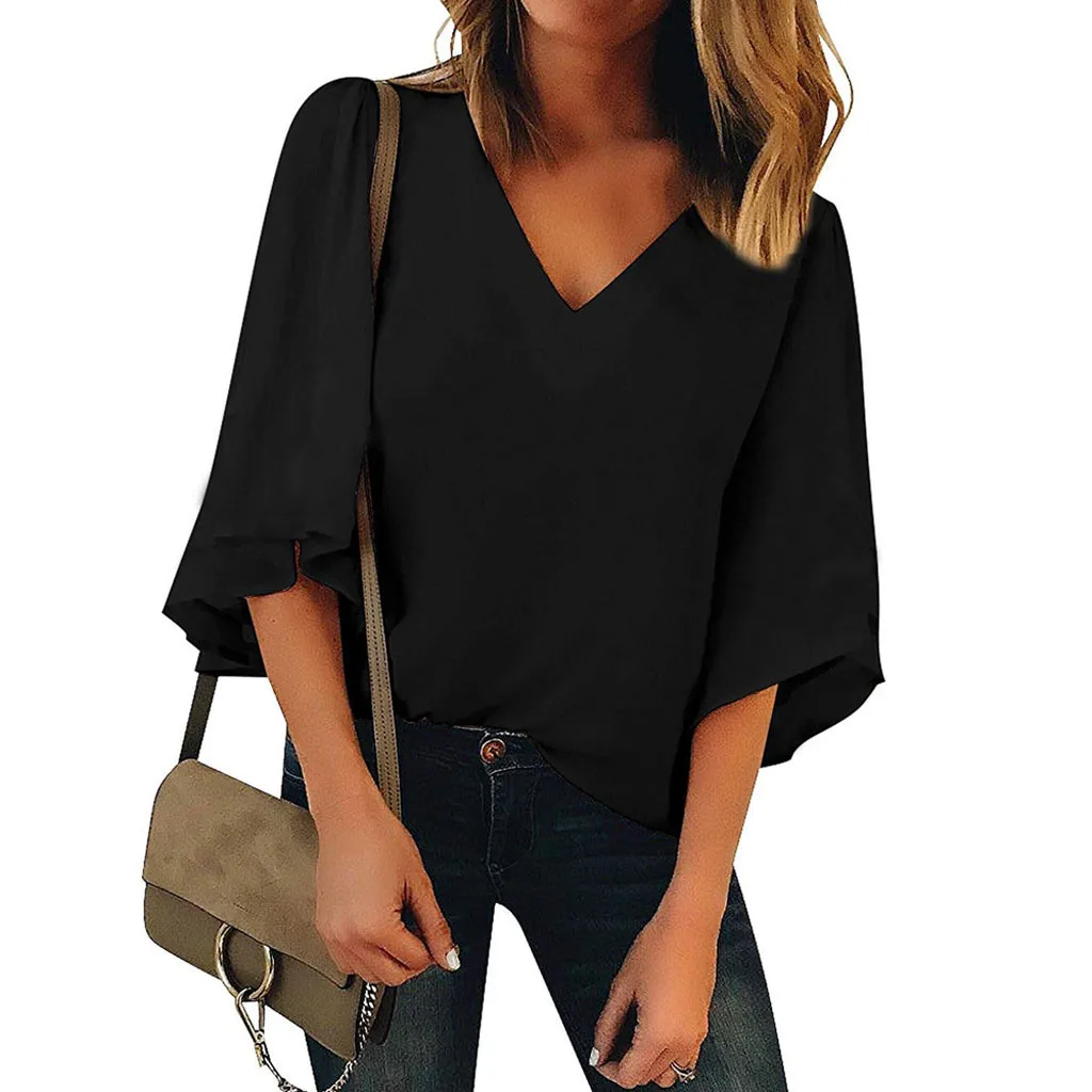 

JAYCOSIN 2019 New Summer Women Blouse V-Neck Solid Tunic Vogue Plus Size Three Quarter Bell Sleeve Loose Plus Size Top 90582