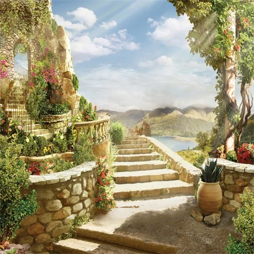 Летний фон для фотосъемки Yeele Coastal City Stone House Flower Tree Stair на заказ для фотостудии - Цвет: NBK05606