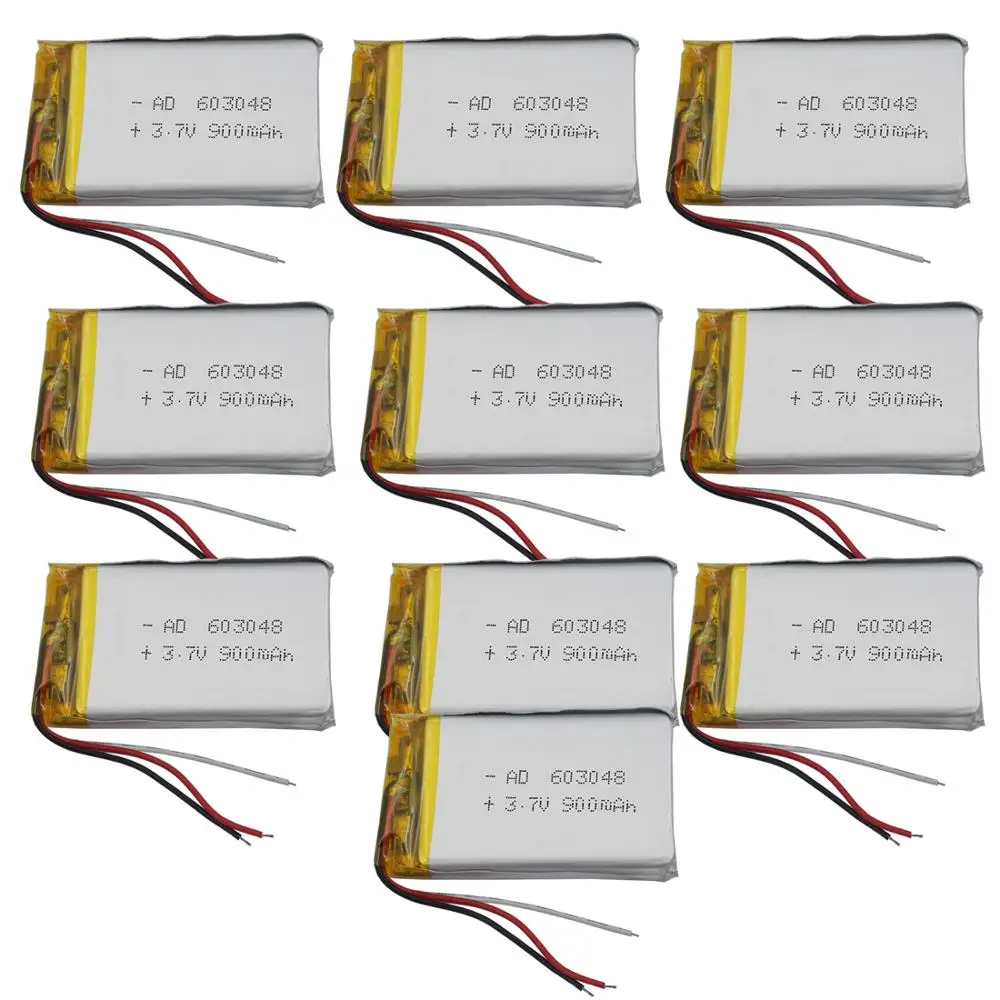 

10 шт., 3,7 в, 900 мАч, 3-проводной перезаряжаемый литий-полимерный литий-ионный аккумулятор 603048 для GPS, автомобильной камеры, Bluetooth-динамика