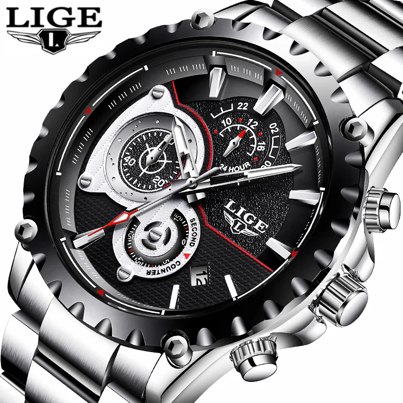 

LIGE new men's watch top brand luxury sports Steel strip quartz men's watch military waterproof men's clock relogio masculino
