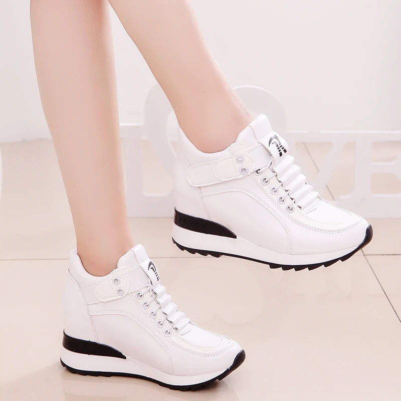 

QWEDF Spring and autumn Fashion Women High Shoes 7cm Height Increasing Sneakers Trainers Pu Breathable Casual Sneakers S1-18