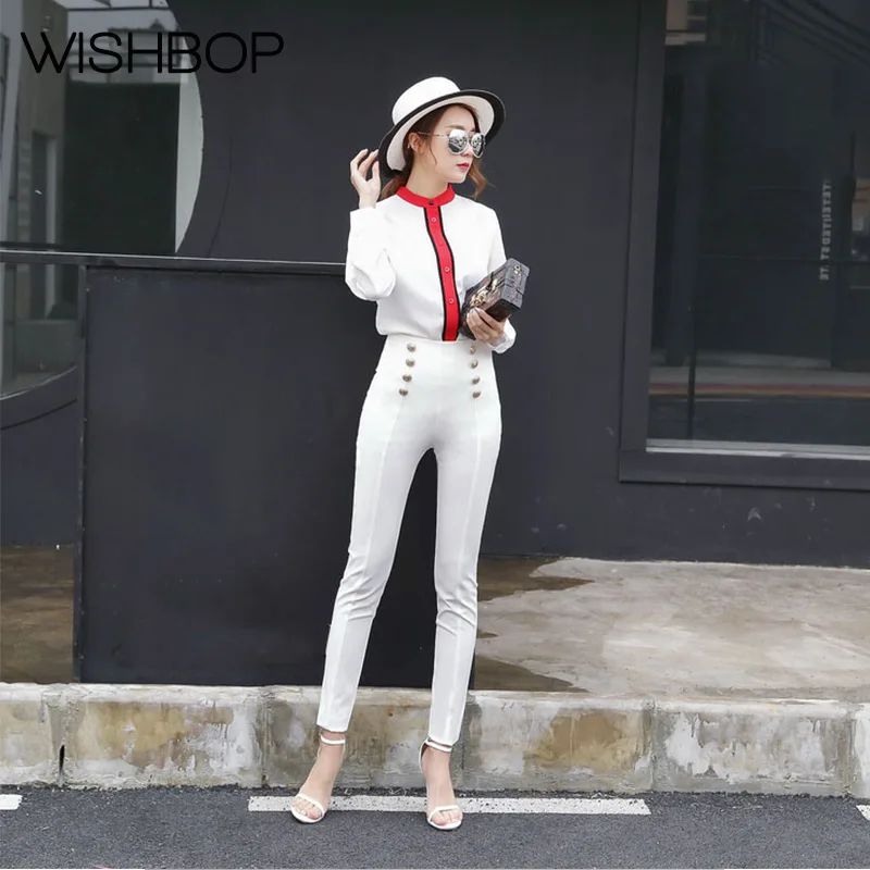 2018 New Fashion Hot Sale Black/White Gold Color Metal Button Double Breasted High Waist Slim Fit Cropped Skinny Pants | Женская одежда