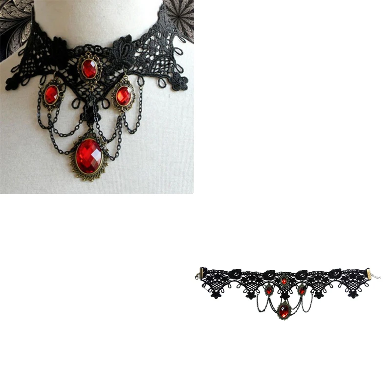 Victorian Gothic Halloween Red Rhinestone Charms Vampire Maxi Necklace Choker Fashion 2017 Cocktail Evening Party Dress Jewelry - Image 3