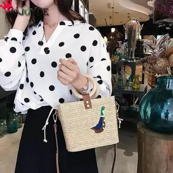 

New Fashion Women Bucket Totes Summer Beach Straw Ring Handle Shoulder Bags Animal Printed Messenger Handbags