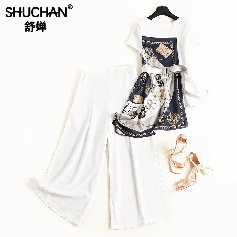 

Shuchan Summer Suit Female Ensemble Femme Deux Pieces 2 Piece Outfits for Women Tops with Short Sleeve+pants fashion 51666