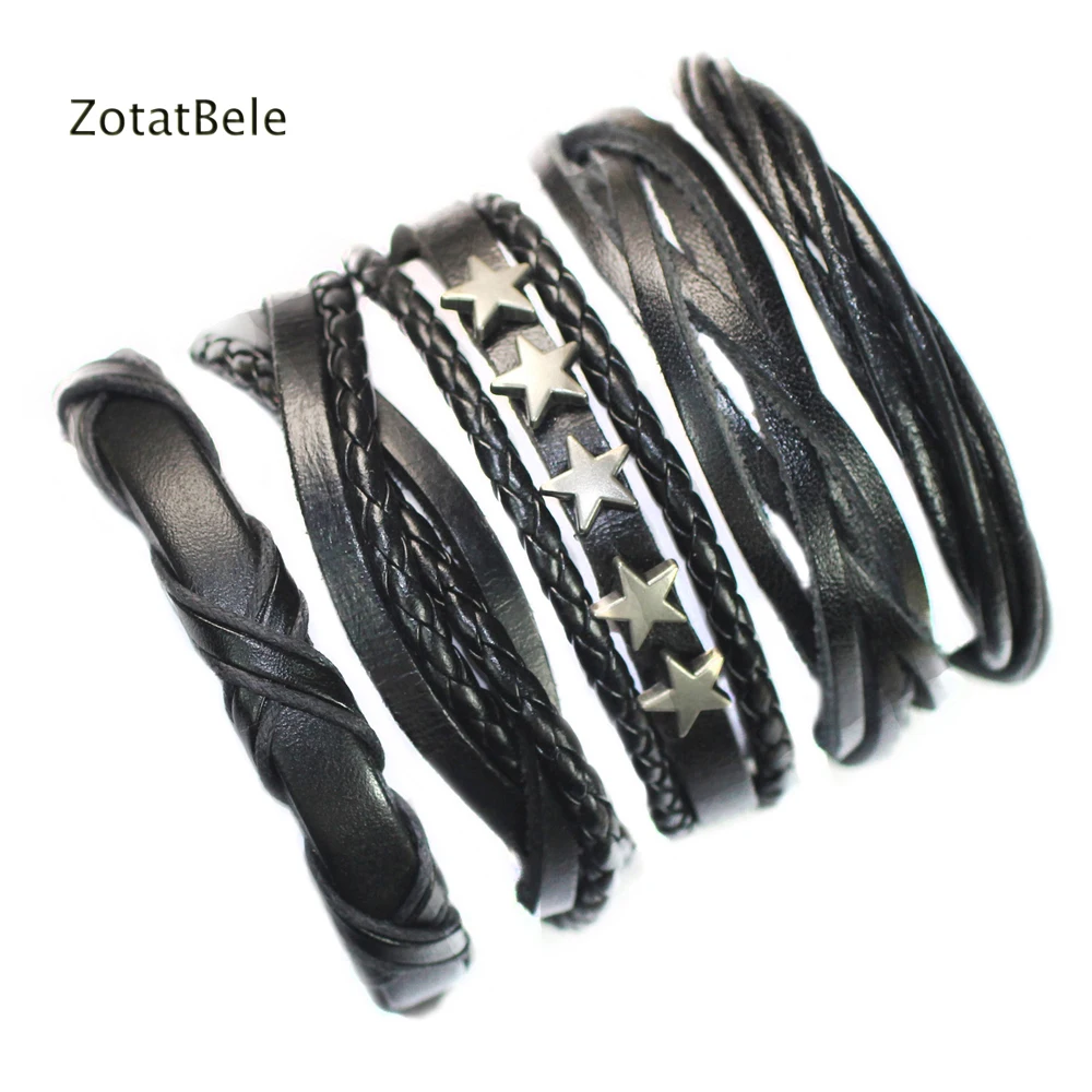 

ZotatBele 5Pcs Handmade Mens and Women Bracelets Wrap Multilayer Genuine Leather Bracelet with Braided Rope Fashion Jewelry F11