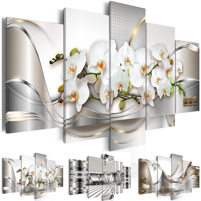 

Modern Painting Canvas 5 Panels White Orchid Canvas Painting Wall Art Abstract Exquisite Background Living Room Home Decor