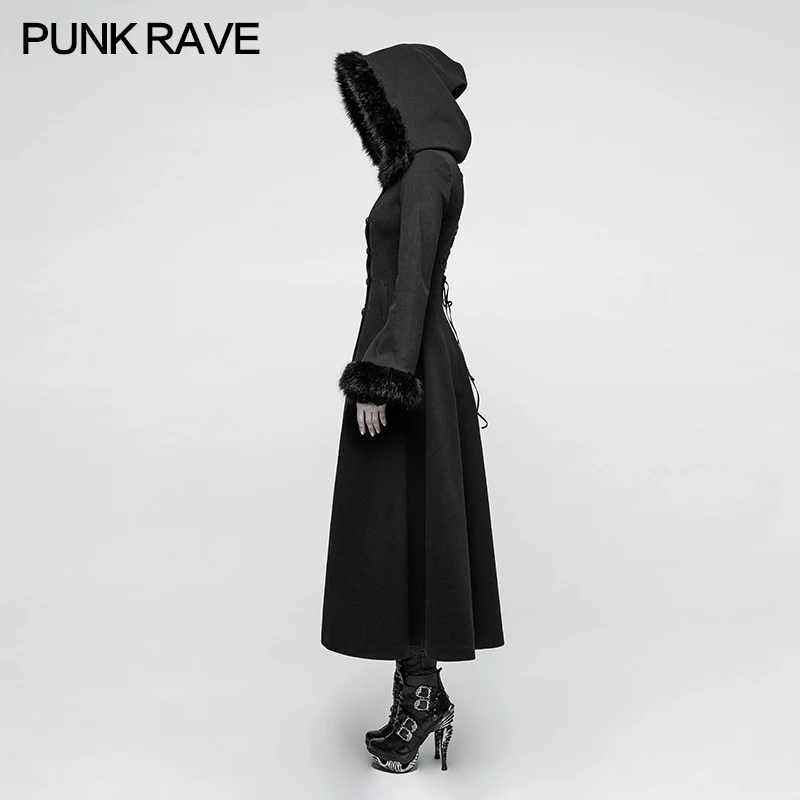 

Punk Rave Women Gothic Coat Winter Hooded Casual Disc Flowers Worsted Black Retro Stage Performance Overcoat