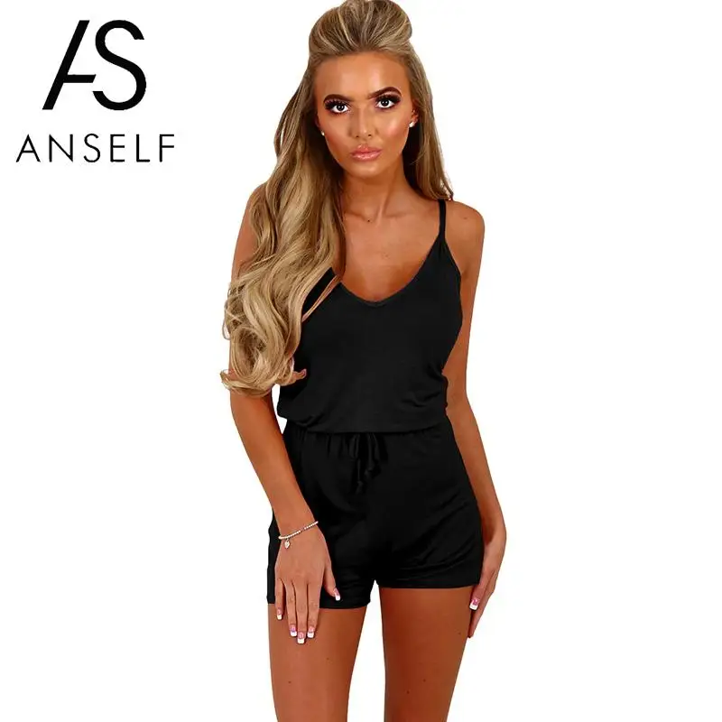

Anself Sexy Women Solid Sleeveless Playsuit Rompers V Neck Drawstring Waist Spaghetti Strap Summer Romper 5XL Slim Slip Jumpsuit