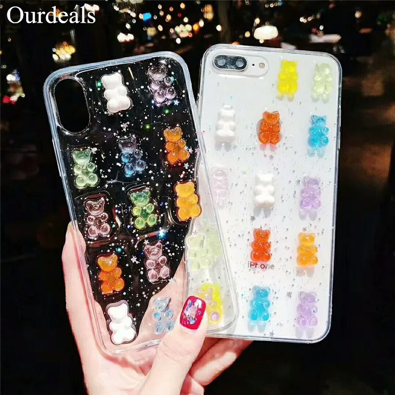 

Cute 3D Stereo Phone Case For Samsung Galaxy S8 S9plus S10 Note 9 Cases For Huawei Soft Shell Glitter Transparent Bear Capa