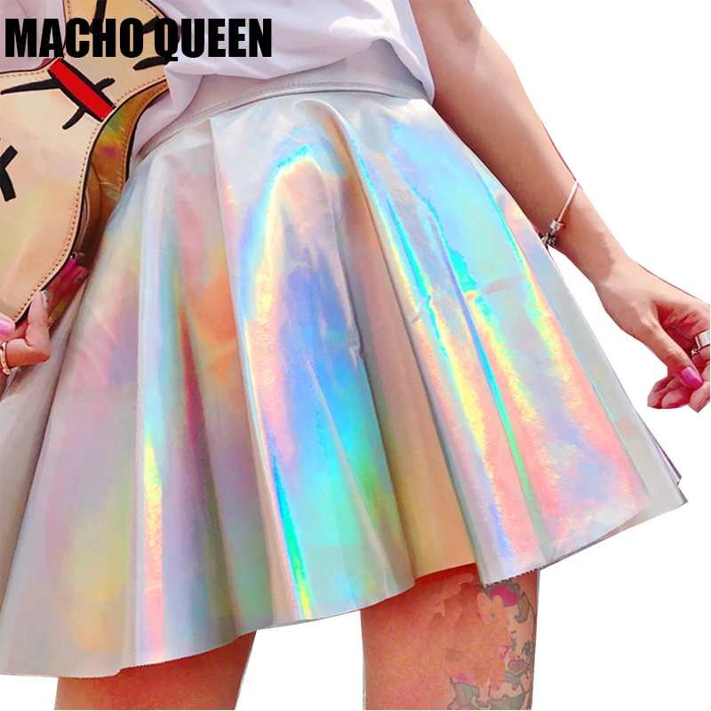 

Silver Holographic Women Vinyl Skirt Clothes Punk Laser Hologram Foil Fabric Skater Skirt Rave Festival Outfits Bottoms