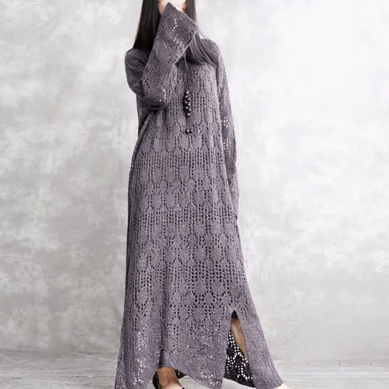 

Free shipping spring new women's openwork irregular long-sleeved knit dress S51