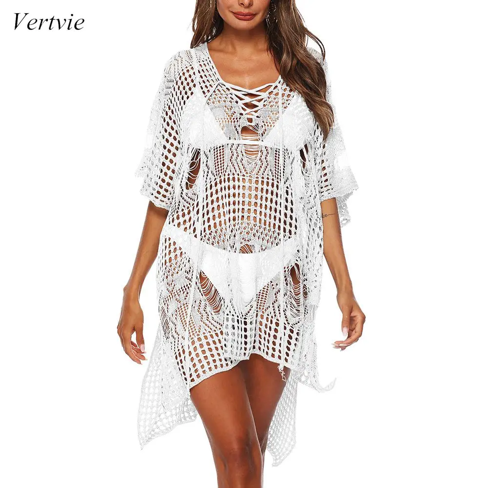 

Vertvie Women Crochet Knitted Beach Cover Up Dress Hollow Out Loose Bikini Swimwear Cover Up Summer Beach Dress For Female 2019