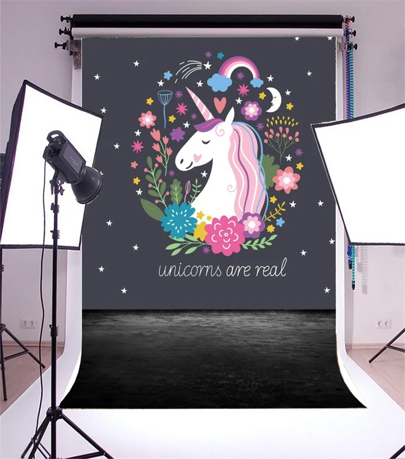 Laeacco Cute Flowers Unicorn Pattern Dark Floor Photography Backgrounds Vinyl Custom Photographic Backdrops For Photo Studio