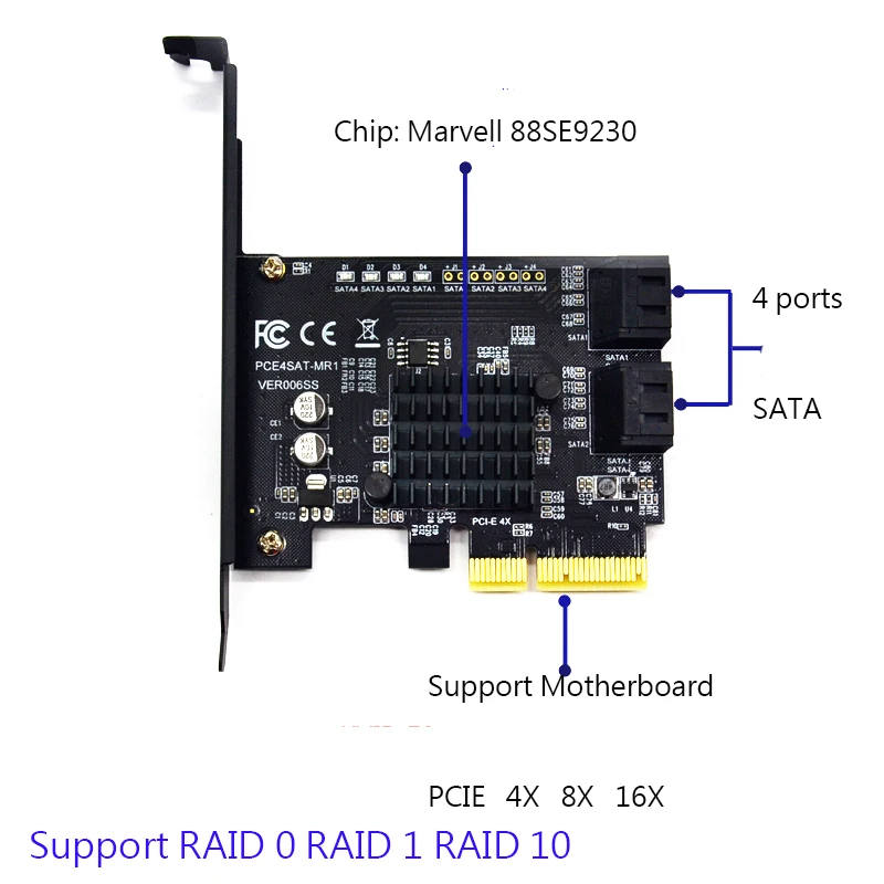 

4 Ports SATA 6G PCI Express Controller Card PCI-e 4x To SATA III 3.0 88SE9230 chip support PCI-E 4X 8X 16 /RAID for SSD HDD