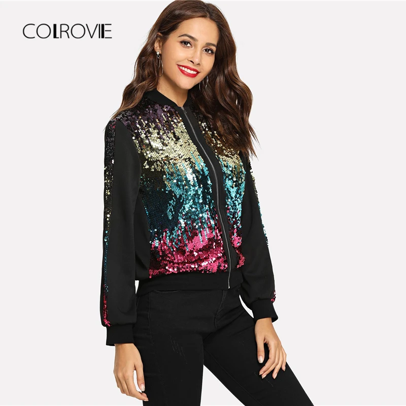 COLROVIE Casual Zip Up Basic Sequin Jacket Women 2018 Autumn Highstreet Bomber Jacket Coat Women Feminino Coats Outwear Clothes COLROVIE Casual Zip Up Basic Sequin Jacket Women 2018 Autumn Highstreet Bomber Jacket Coat Women Feminino Coats Outwear Clothes