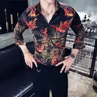 2018 Red Floral Super Slim Casual Men Stylish Fit Long Sleeve Shirts Party Dress Club New Shirts Tops Camisa Masculina
