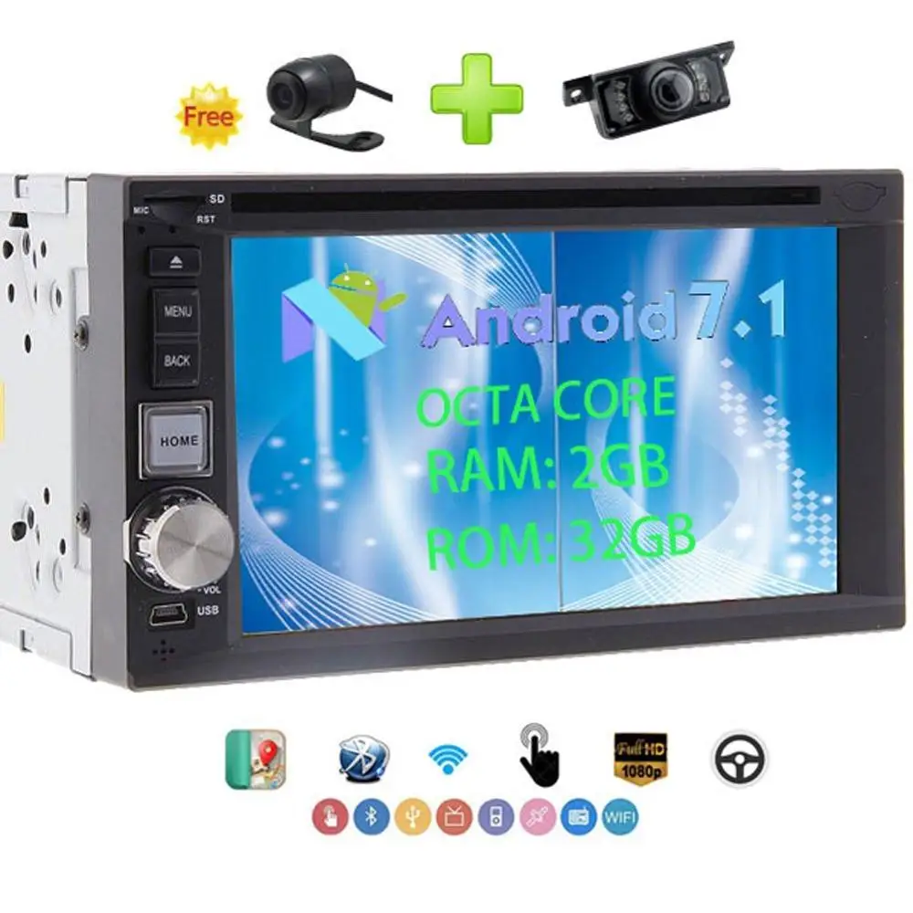 Front & Rear Camera+Android Car radio Stereo Double Din 6.2" Head Unit