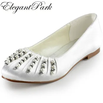 

Women Shoes EP2016 Plus Size Ivory Round Toe Pearl Rhinestone Satin Wedding Flat woman ballet