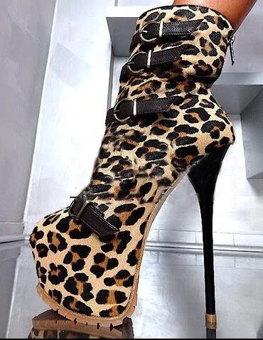 

Sexy Leopard Summer/Spring Shoe Round Toe Back Zip Buckle Club Party Thin High Heel Ankle Boots Women Free Ship Botas Mujer