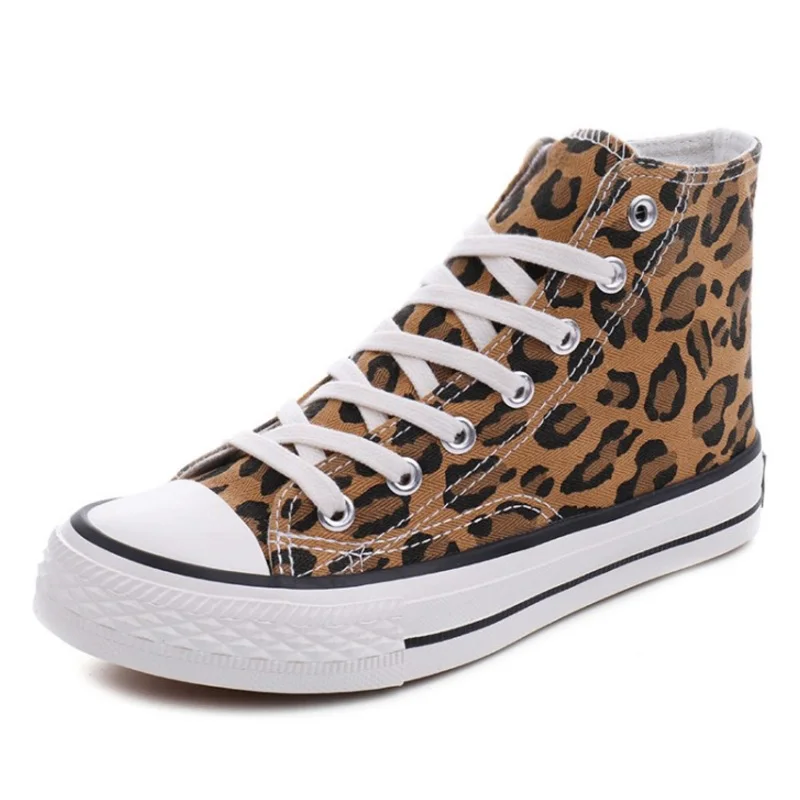 SJJH Women Canvas Leopard Sneakers High Low Top Comfortable Shoes Vulcanize Flats Casual Chaussure Lace-up Ladies Footwear D004 - Color: Leopard-High