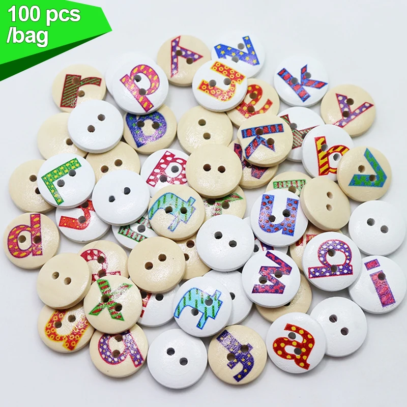 100pcs 2 Holes English Alphabet Cartoon Button Wooden Buttons for Clothing Sewing Craft Decorative Accessories