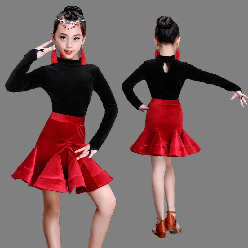 

Girls Kids Children Modern Ballroom Latin Dance Wear Dress Salsa rumba tango samba cha cha red Black skirt set competition