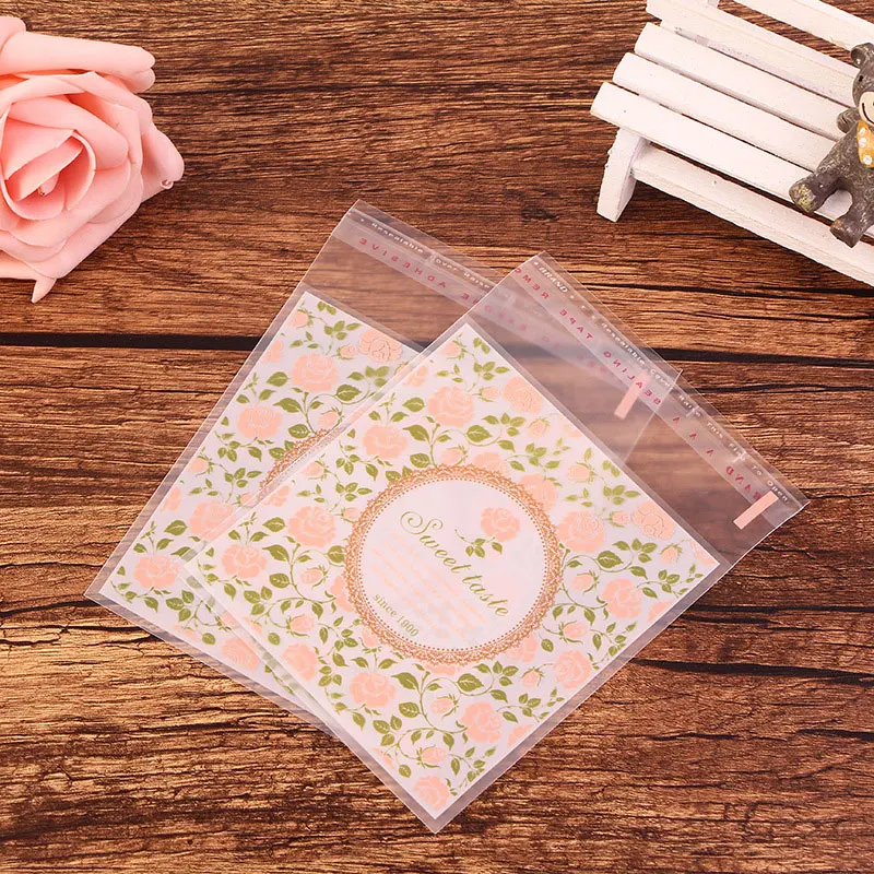 100 шт./лот розовый цветок розы клейкая сумка печенье diy подарочные пакеты для конфеты для рождественской вечеринки еда и мыло ручной работы упаковочные пакеты