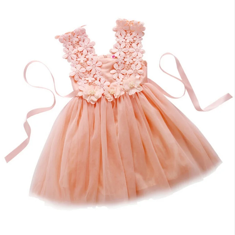 Toddlers Baby Girls Clothes Sleeveless Princess Tulle Hook Flowers Summer Dresses Kids Tutu Backless Party Gowns vestido bebes