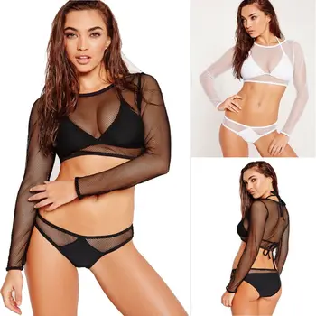 

Ladies Bikini Set Push-up Padded Bra Mesh Swimsuit Bathing Suit Hollow Out Long Sleeve 3pcs Women Beach Suit Swimwear