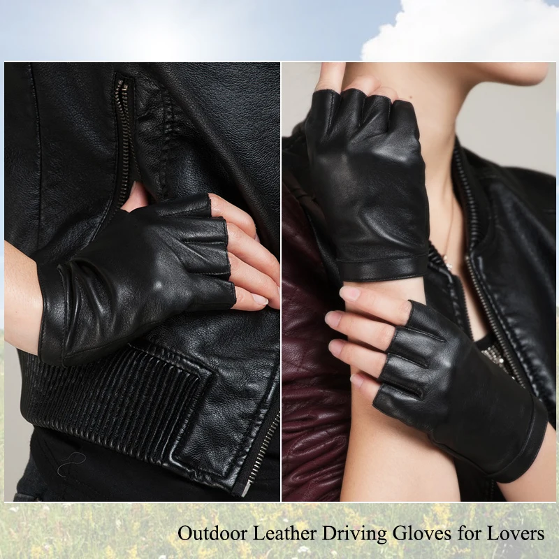 KURSHEUEL, модные мужские кожаные перчатки с полупальцами, натуральная кожа, перчатки для вождения, Женские однотонные черные митенки без пальцев, AGB158A