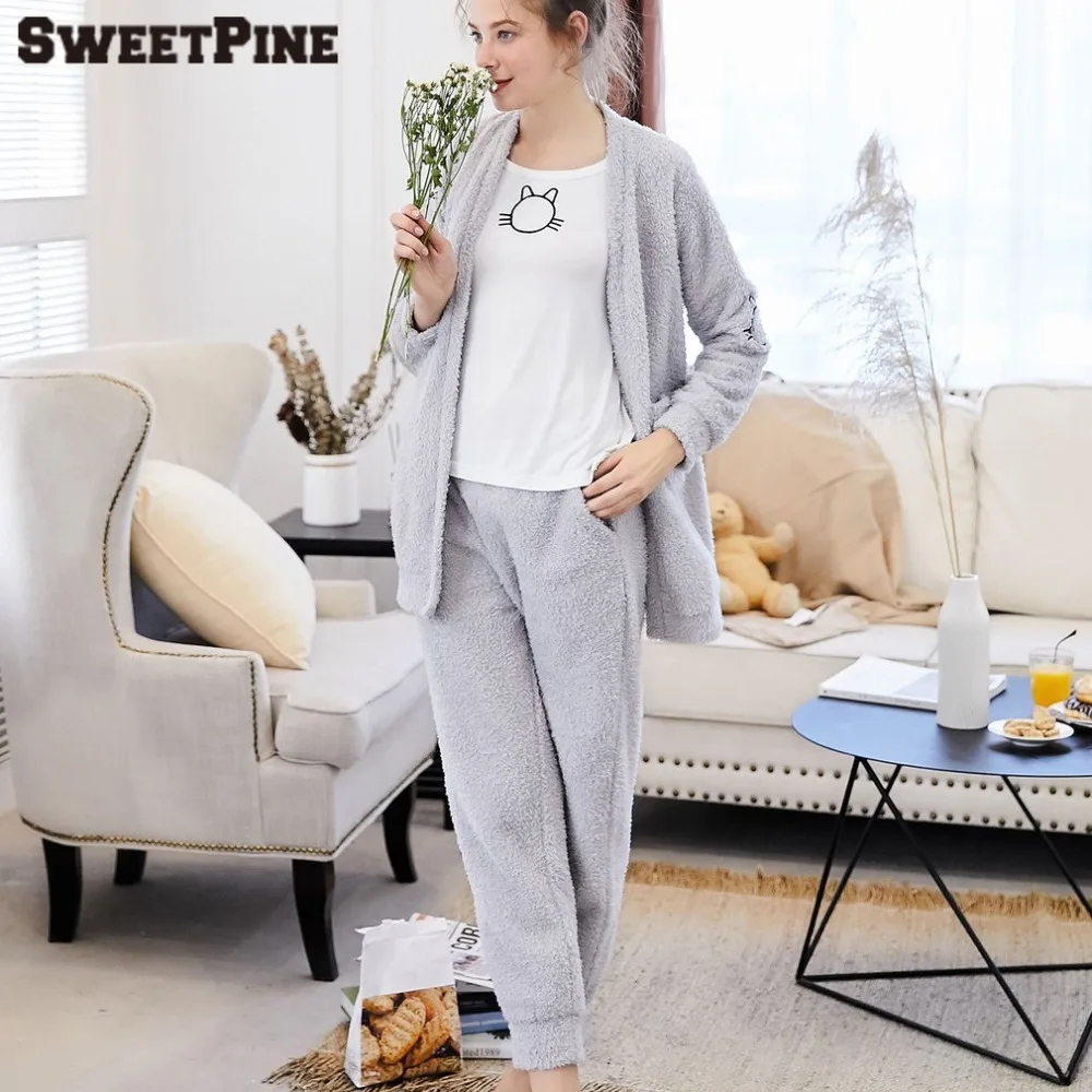 SWEETPINE, новинка, зимняя Пижама, костюм, высокое качество, женская пижама, мягкая ночная рубашка, милая, повседневная, 2 штуки, цветочный принт, пальто и штаны