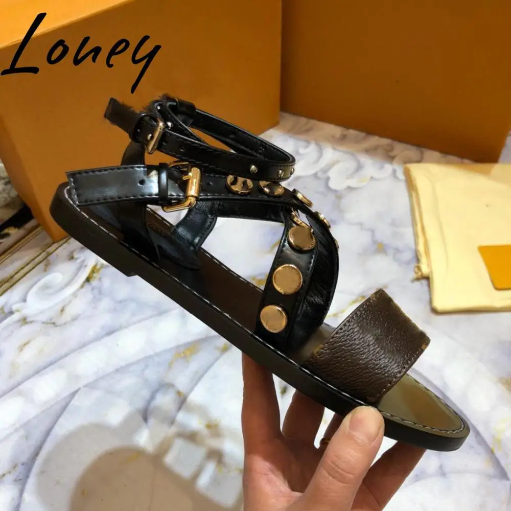 

Loney New Branded Genuine Leather Metal Studded Summer Sandals Open Toe Bucle Strap Beach Flats Sandals Shoes Women