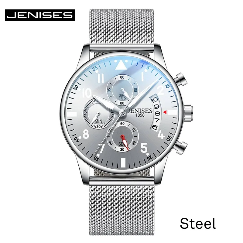 JENISES новые модные мужские часы роскошные часы из нержавеющей стали Кварцевые часы с хронографом мужские повседневные спортивные водонепроницаемые наручные часы relogio - Цвет: Silver
