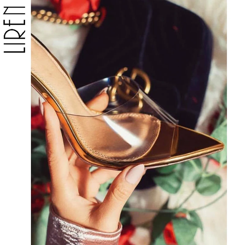 

Liren Transparent PVC Summer High Heel Sandals Women Open Toe Sexy Solid Pointed Toe Shoes Gold Size 35-40