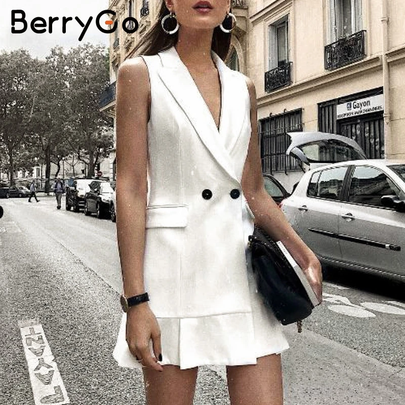 BerryGo Белый пиджак платье женщин V-образным вырезом с рюшами и линиями тонкое без