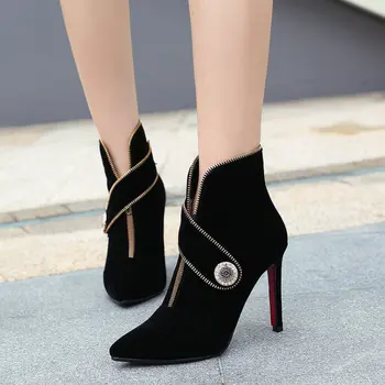 

Suede Womens High Heel Boots Fall Winter Ankle Boots Stiletto Sexy Pointed Toe Woman Boots Fashion Zipper Black Red Party Boots