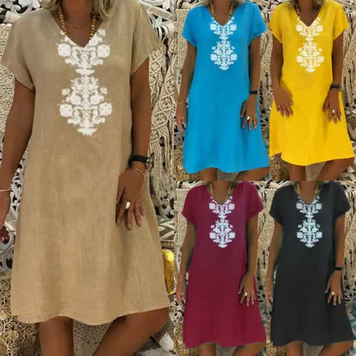 

Plus Size Womens Summer Boho Casual Loose Kaftan Mini Dress Ladies Short Dresses
