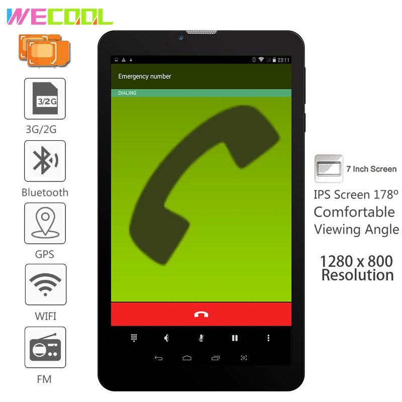 Wecool 7 дюймов Android 3G Phablet с IPS 1024x600 Разрешение 8 ГБ 4 ядра Dual SIM GPS перейдите FM радио