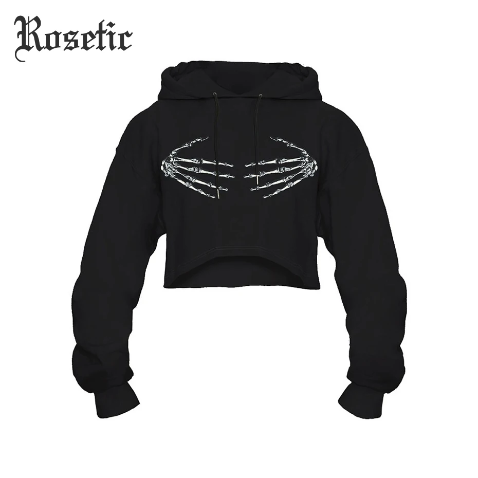 

Rosetic Gothic Skull Short Hooded Dark Hoodie Women Halloween Skeleton Fashion Kpop Loose Streetwear Cool Girls Navel Hoodies