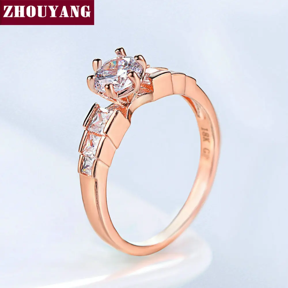 Женское Обручальное Кольцо ZHOUYANG розовое золото с 6 когтями и кубическим