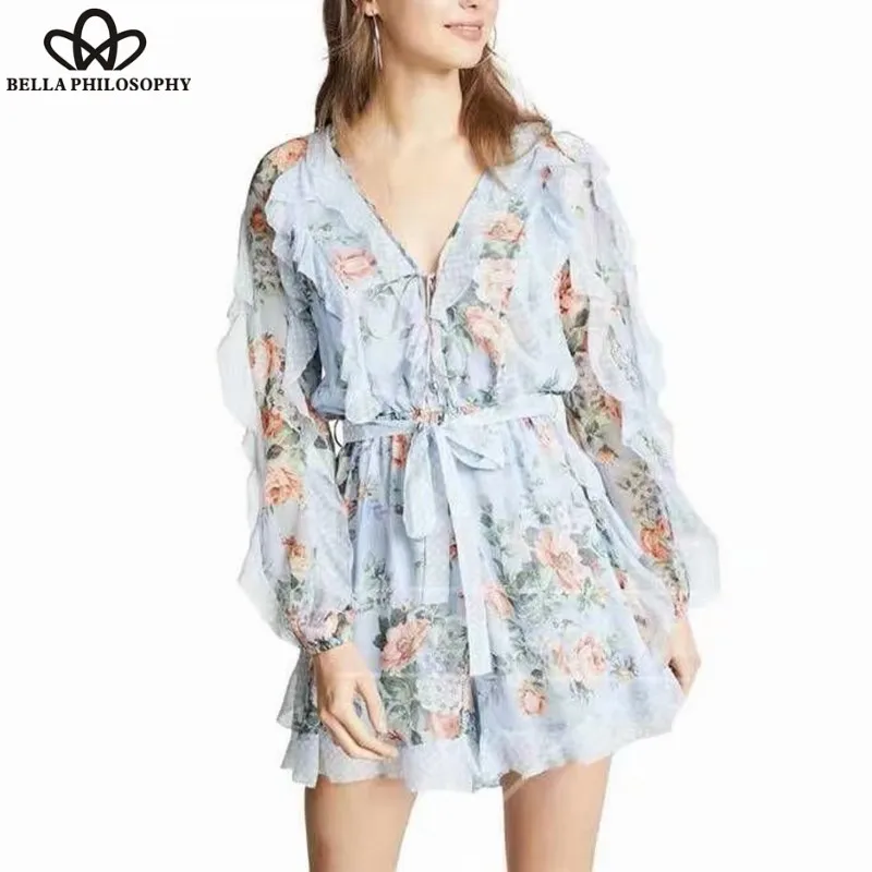 Long Sleeve Ruffles Playsuits Vintage Print Floral Female Sexy Jumpsuits Boho Sweet Lady Sashes Beach Rompers 2019 NEW Wonder