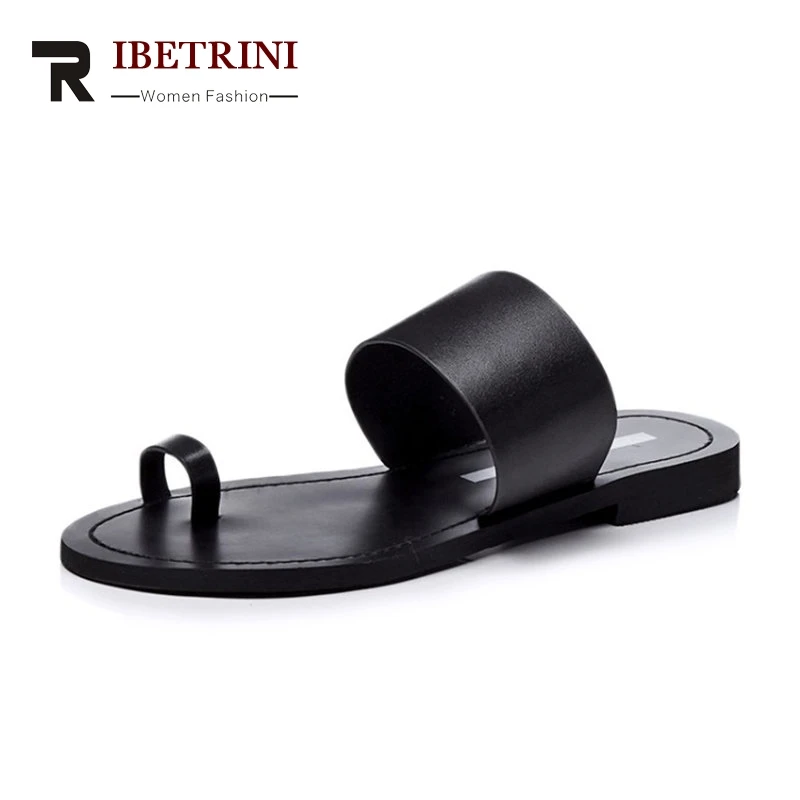 

RIBETRINI 2019 Summer Genuine Leather Solid Women Slippers Plus Size 34-47 Low Heels Flip Flops Fashion Casual Shoes Woman