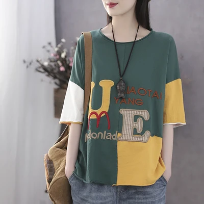 Women Summer Fashion Brand China Style Vintage Patchwork Letter Embroidery Short Sleeve T-shirt Female Casual Loose Tee Tshirts - Цвет: green