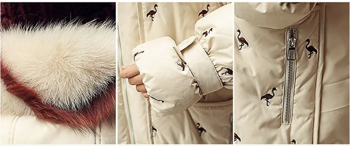 ZURICHOUSE Down Parka Women Long Hooded Fashion Embroidery Warm Natural Big Fur Collar White Duck Down Jacket Winter