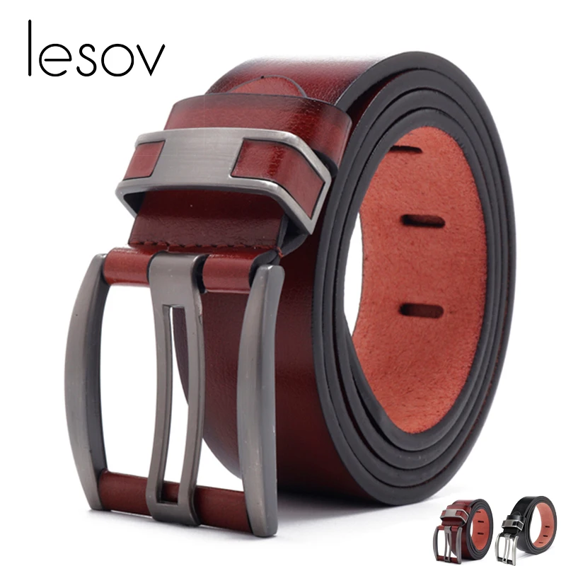 Lesov PU Leather Belt Men Vintage Pin Buckle Men Belt Retro Soft Leather Luxury Belts Male