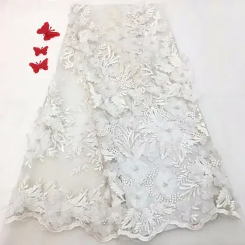 

Cheap Good Quality Lace French Tulle Lace Fabric With Beautiful Beads 3 D Chiffon Flowers Lace Trim Embrodery 5 Yards(FJ-10-18