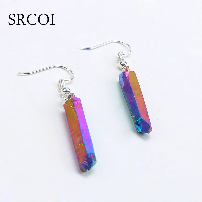 

SRCOI Raw Rainbow Titanium Quartz Crystals Natural Stone Earrings Aura Quartz Spike Hanging Earrings Purple & Blue Stone Jewelry