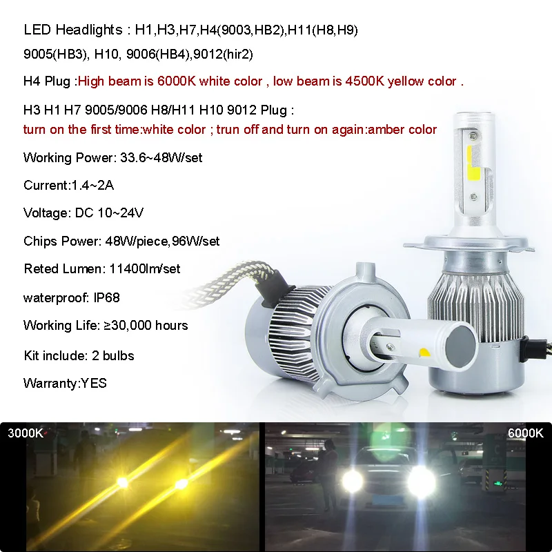 Светодиодный двойной-Цвета белого и желтого цвета H1 H3 H4 9003 HB2 H7 H8 H9 H11 H16(Япония) 9005 HB3 H10 9006 HB4 9012 HIR2 автомобильных фар Противотуманные лампы DRL